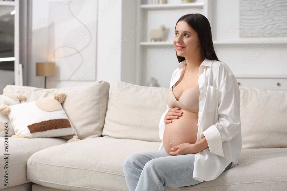 Beautiful pregnant woman sitting on sofa at home Beautiful pregnant woman sitting on sofa at home