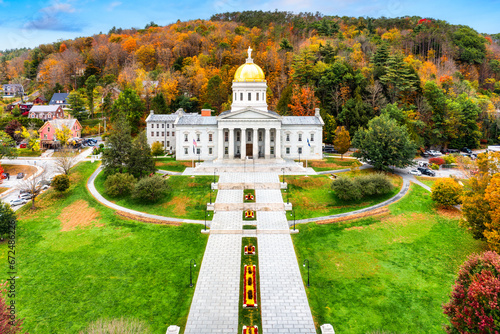 Aerial view of Vermont State House, in Montpelier, VT with fall foliage colors. The capitol is the seat of the Vermont General Assembly. photo