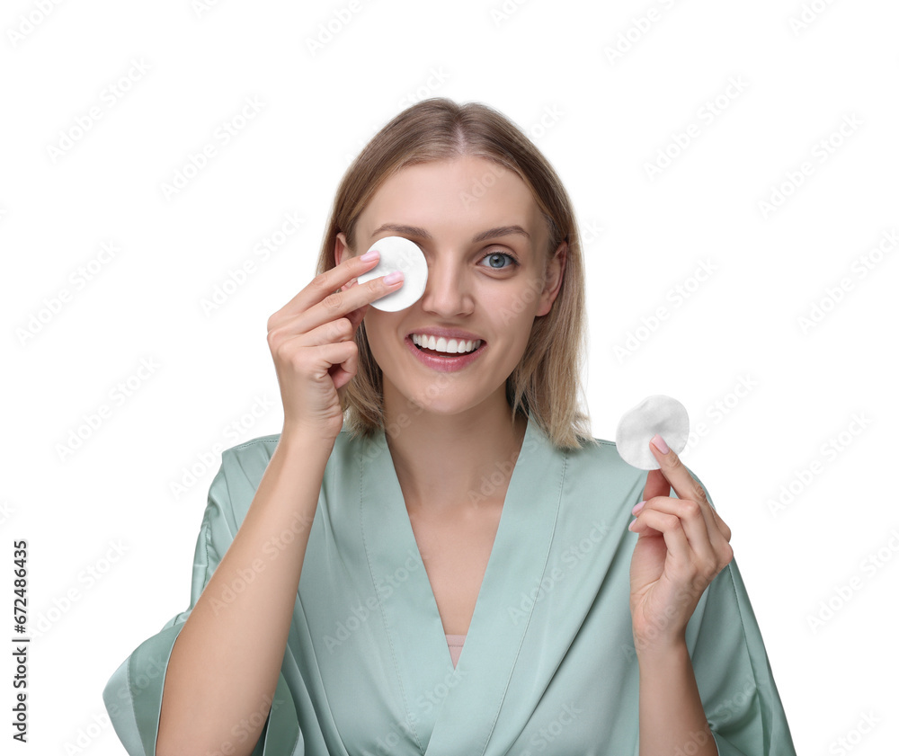 Young woman with cotton pads on white background Young woman with cotton pads on white background