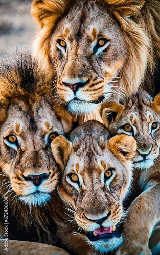 A testament to the power and unity of a lion pride, these images showcase the nurturing, protective nature of this majestic feline family photo