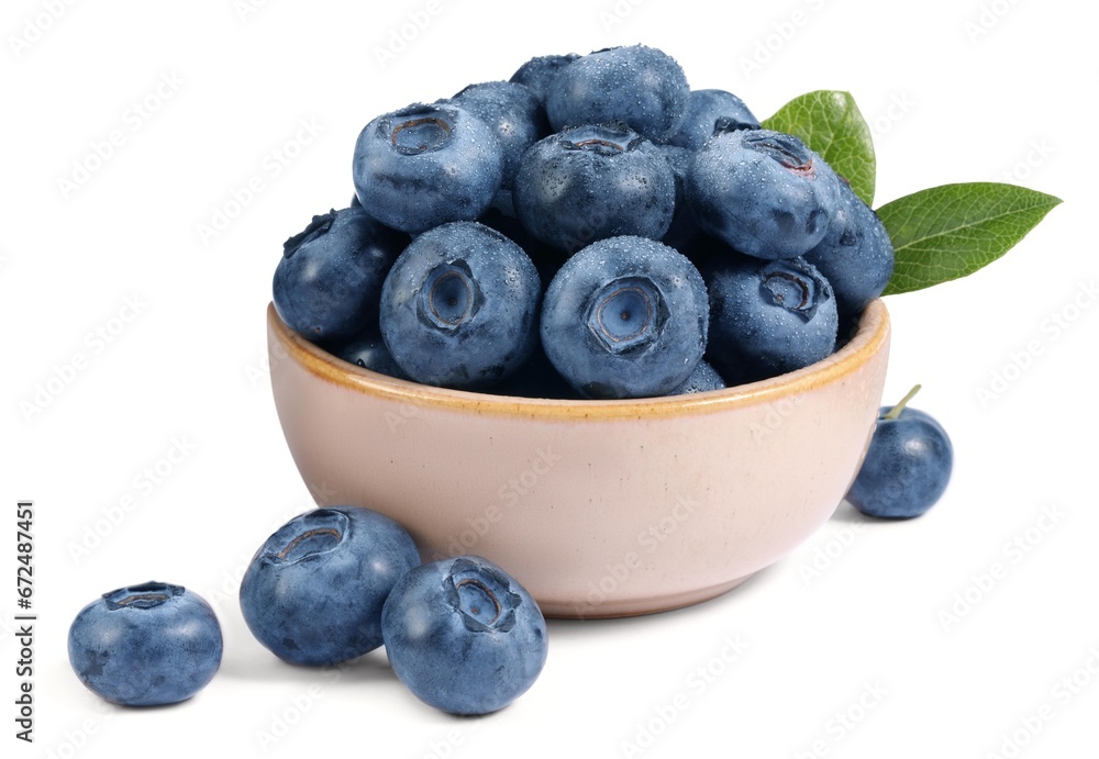 Fresh ripe blueberries and leaves isolated on white