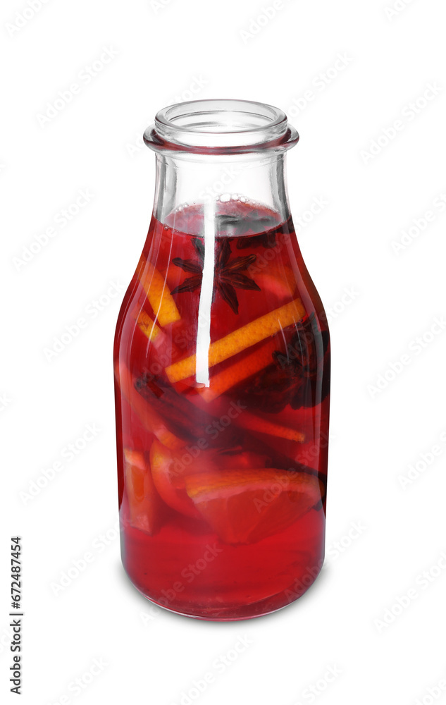 Bottle with tasty punch drink isolated on white Bottle with tasty punch drink isolated on white