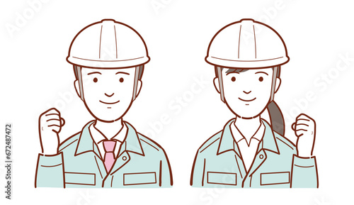 ガッツポーズをするヘルメット・作業服姿の若い男女のイラスト