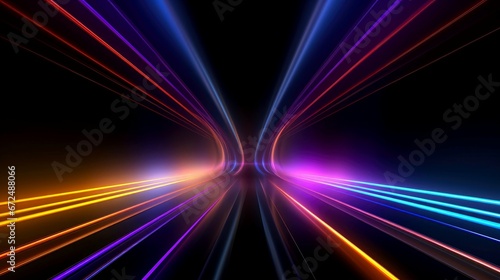 Abstract futuristic neon glowing lamps in dark corridor, Technology background