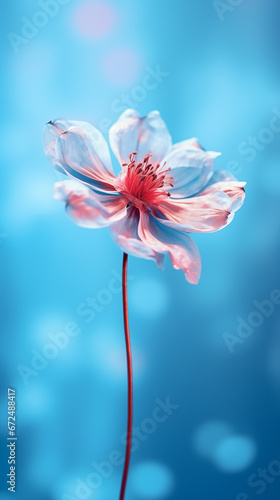 Soft focus of a flower on a blue background in the style of bokeh panorama