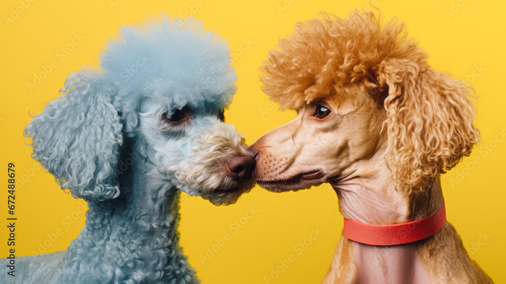 Two poodles lovingly kiss on a pastel background, creating a enchanting and endearing scene that celebrates love and tenderness among animals. The concept of gentle affection and emotional warmth.
Two poodles lovingly kiss on a pastel background, creating a enchanting and endearing scene that celebrates love and tenderness among animals. The concept of gentle affection and emotional warmth.