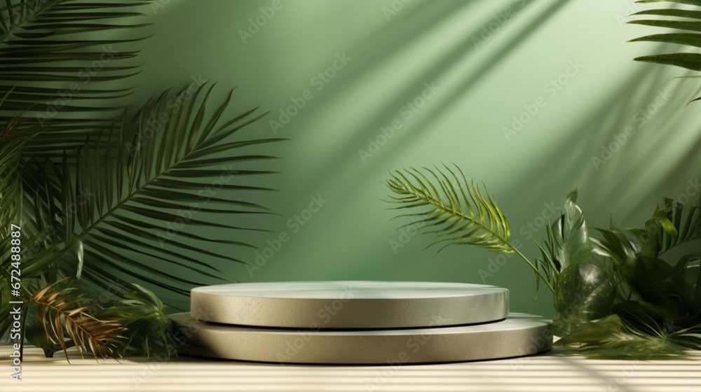 Obraz premium stage podium pedestal with shadow of summer palm leaf tree coconut for cosmetic product showcase