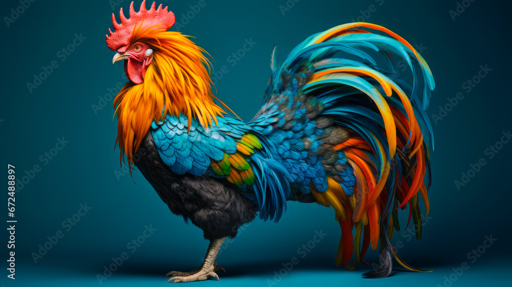 A vibrant rooster in vivid hues against a turquoise backdrop, celebrating its beauty and nature's colors. Wildlife and expressive colors concept.