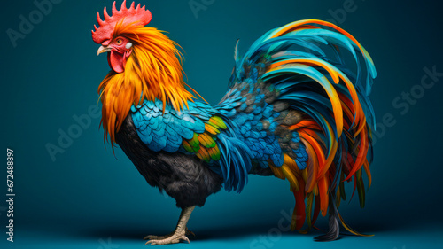A vibrant rooster in vivid hues against a turquoise backdrop, celebrating its beauty and nature's colors. Wildlife and expressive colors concept. © mimi