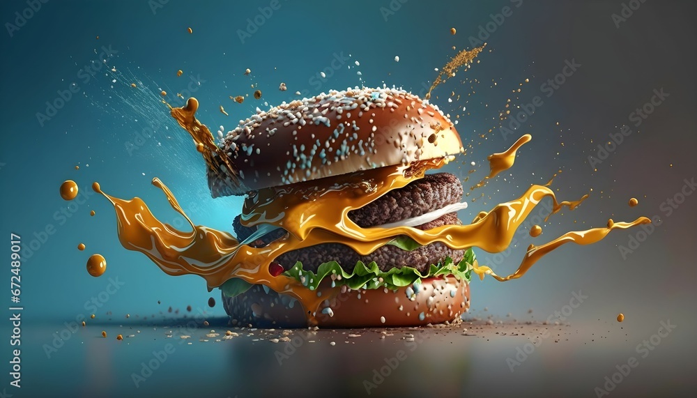 AI generated illustration of A freshly-made hamburger with a juicy topping of melted cheese - obrazy, fototapety, plakaty 