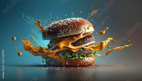 AI generated illustration of A freshly-made hamburger with a juicy topping of melted cheese photo