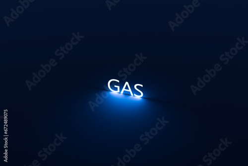 GAS text, neon word. Gas glowing acronym in blue color on black background with reflection. Natural natural GAS concept.3D render