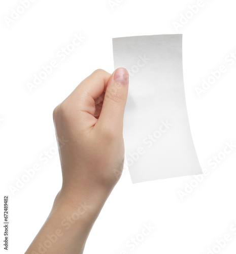 Woman holding piece of blank thermal paper for receipt on white background, closeup photo