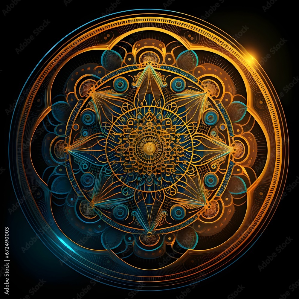 AI generated illustration of a stylized image of a mandala composed of intricate shapes