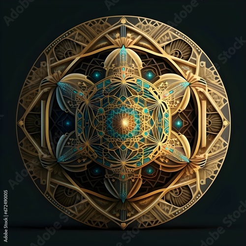 AI generated illustration of a stylized image of a mandala composed of intricate shapes