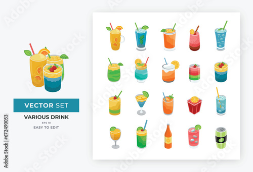 Various drink elements isometric set. Vector design collection menu of soft drinks, smoothies, kawaii fruit shapes water with different fruit flavors. All editable colors isolate eps 10.