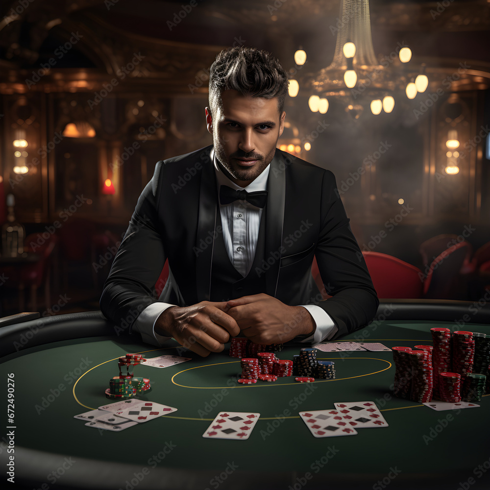 In a high-stakes casino, a man's intense gaze pierces through the smoke-filled air, placing bets with unwavering confidence as the allure of risk and reward consumes his every thought In a high-stakes casino, a man's intense gaze pierces through the smoke-filled air, placing bets with unwavering confidence as the allure of risk and reward consumes his every thought