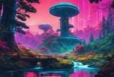 AI generated illustration of a vibrant, futuristic landscape of a glowing alien city and waterfalls