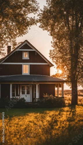 AI generated illustration of a rural house in the countryside at golden hour