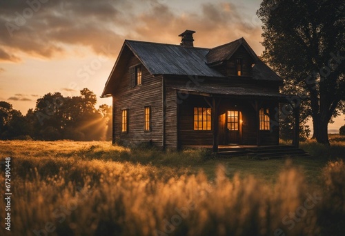 AI generated illustration of a rural house in the countryside at golden hour