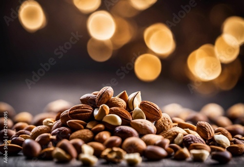 AI generated illustration of an array of mixed nuts spread out on a dark background