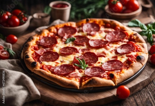 AI generated illustration of a pizza topped with juicy, ripe tomatoes on a wooden table