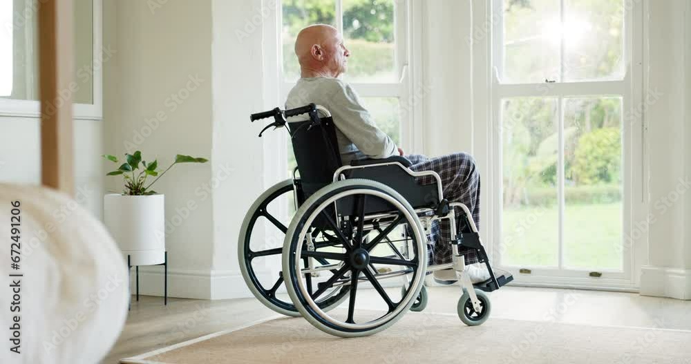 Senior man, memory and wheelchair by window with thinking, ideas and nostalgia in bedroom. Elderly person with a disability, mental health or vision for perspective, reflection or future nursing home Senior man, memory and wheelchair by window with thinking, ideas and nostalgia in bedroom. Elderly person with a disability, mental health or vision for perspective, reflection or future nursing home