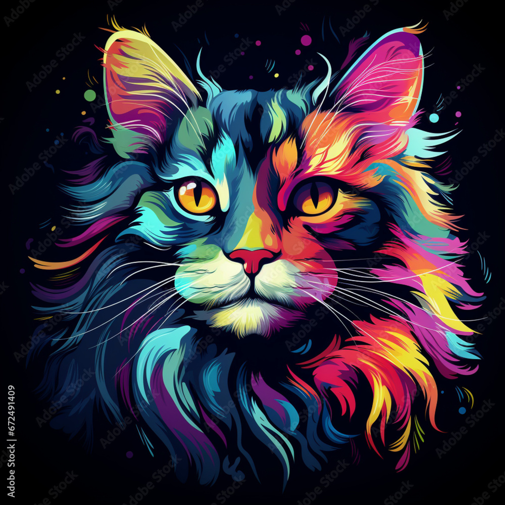 Colorful cat portrait on black background. Vector illustration for your design,Generative AI