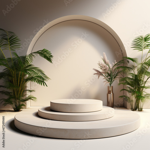 3d render of minimal display podium with tropical plants. Mockup for design,Generative AI