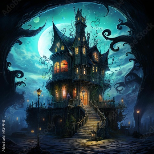 AI generated illustration of A haunted house in the dark forest