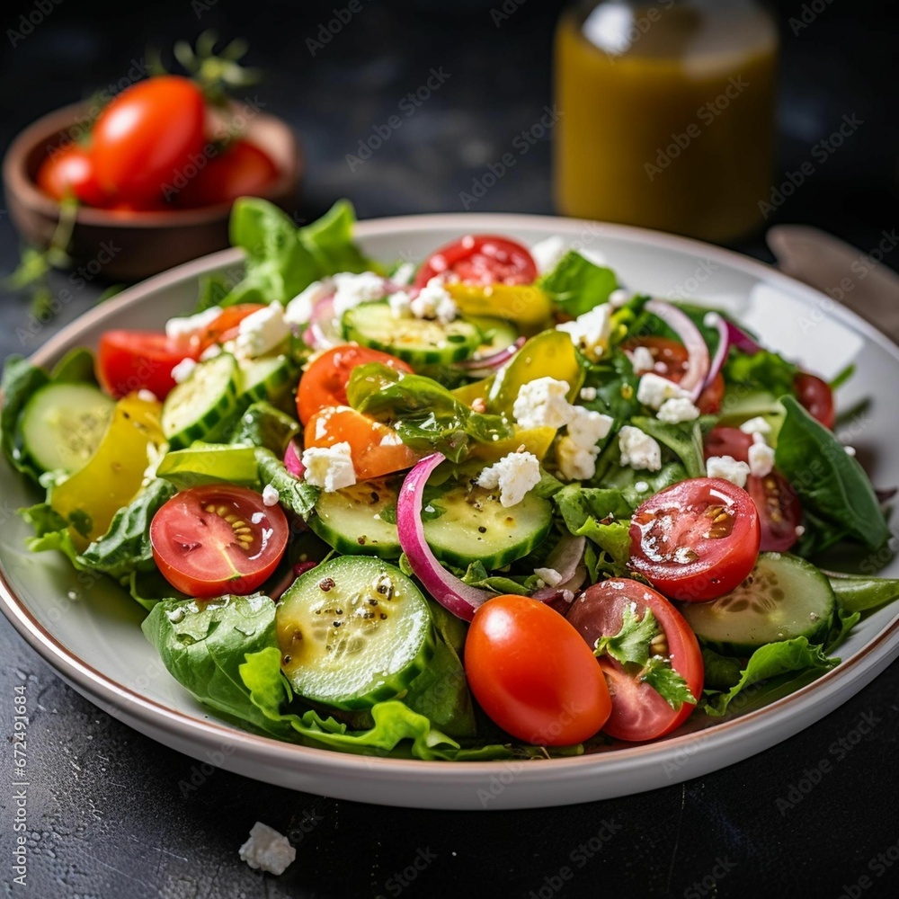 a bowl with a salad with tomatoes, cucumbers and onions a bowl with a salad with tomatoes, cucumbers and onions