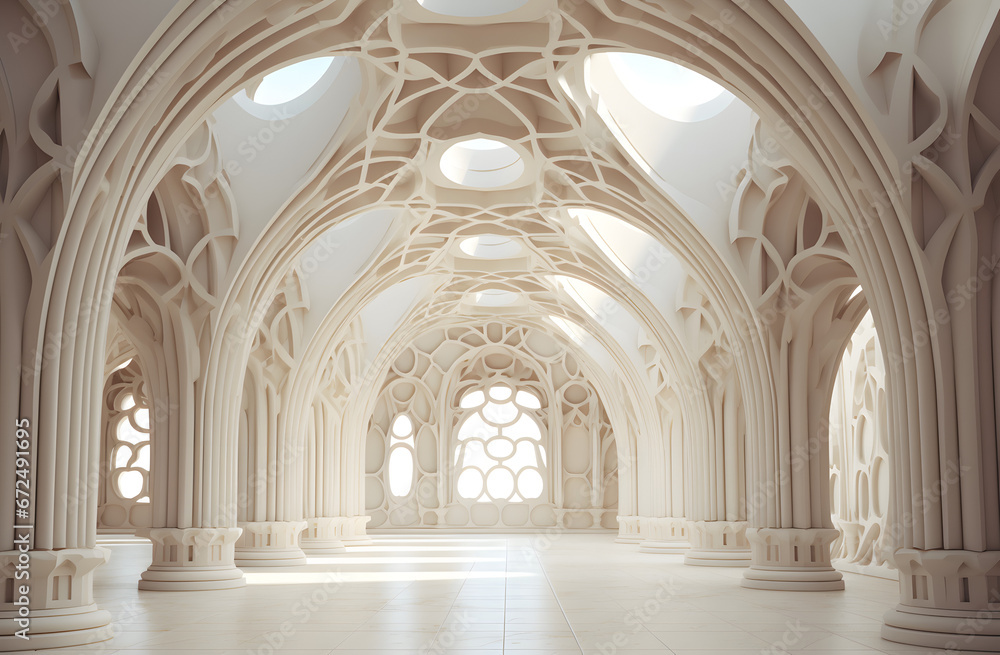 Elegant Gothic Architecture: 3D Rendered White Arched Hallway