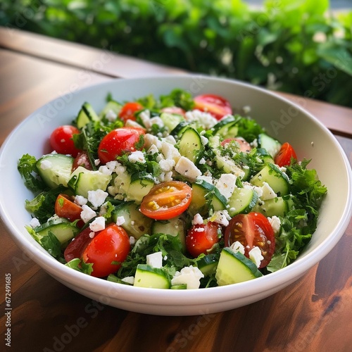 a salad is prepared with cherry tomatoes, cucumbers and feta cheese