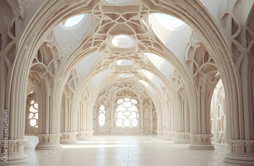 Elegant Gothic Architecture  3D Rendered White Arched Hallway