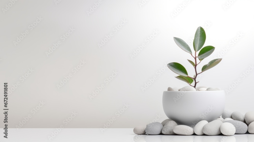 A small potted plant with white rocks on a white surface. This image shows a green plant in a white pot surrounded by white rocks. The plant has oval leaves and the pot is round. A small potted plant with white rocks on a white surface. This image shows a green plant in a white pot surrounded by white rocks. The plant has oval leaves and the pot is round.