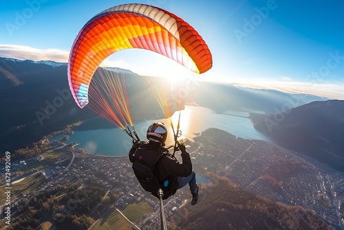 Paraglider flies over the city. Paragliding in the mountains.