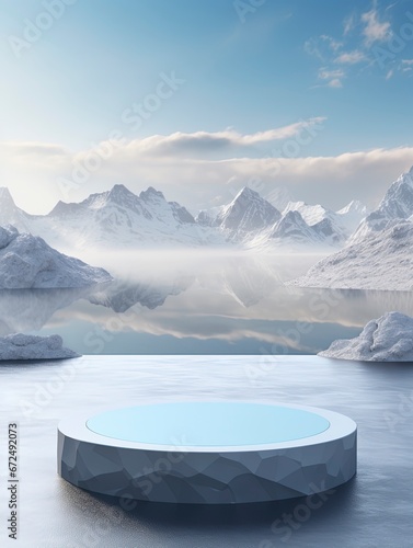 mockup of a podium that stands on a iceberg for a product presentation  on background cold snow-capped mountains and ice  generative ai