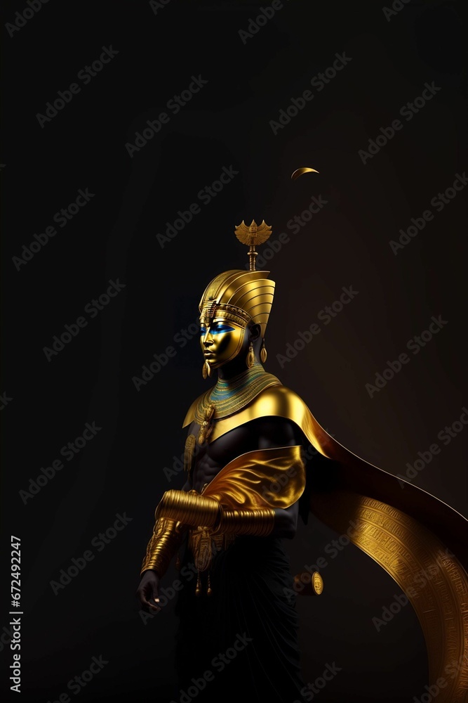 Fototapeta premium AI-generated illustration of an Egyptian god wearing a golden mask, cape, and bracelets.