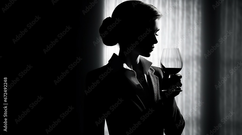 Cinematic shot of a woman with a glass of wine Cinematic shot of a woman with a glass of wine