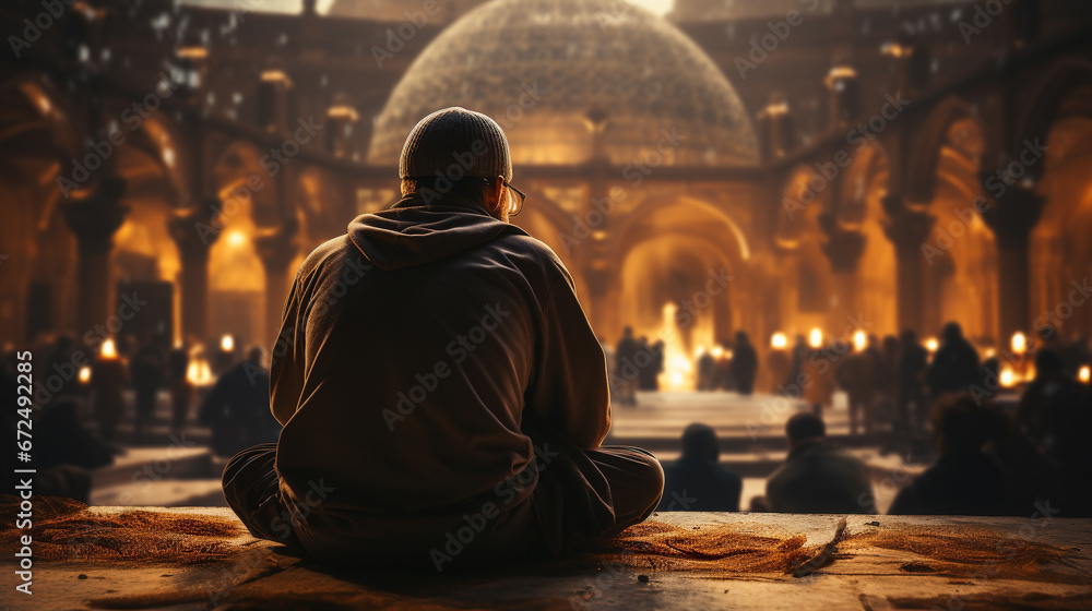 Muslim pilgrim sitting in a mosque