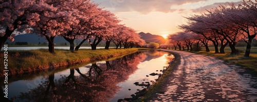 Sunset Casting a Warm Glow Over Rose Trees and the River  Creating a Serene and Enchanting Evening Scene