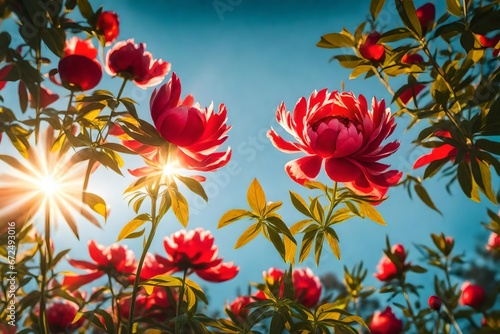 Bright flowers and leaves of red peony against blue sky with sunlight  sunbeams.