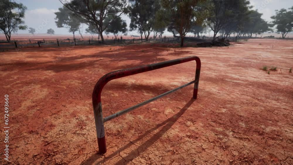 A red dirt field with a fence and trees A red dirt field with a fence and trees