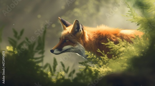 AI generated illustration of a fox nestled among a cluster of bushes