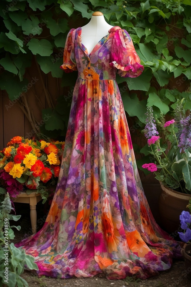 AI generated illustration of a beautiful flower-patterned dress on dummy displayed in garden setting