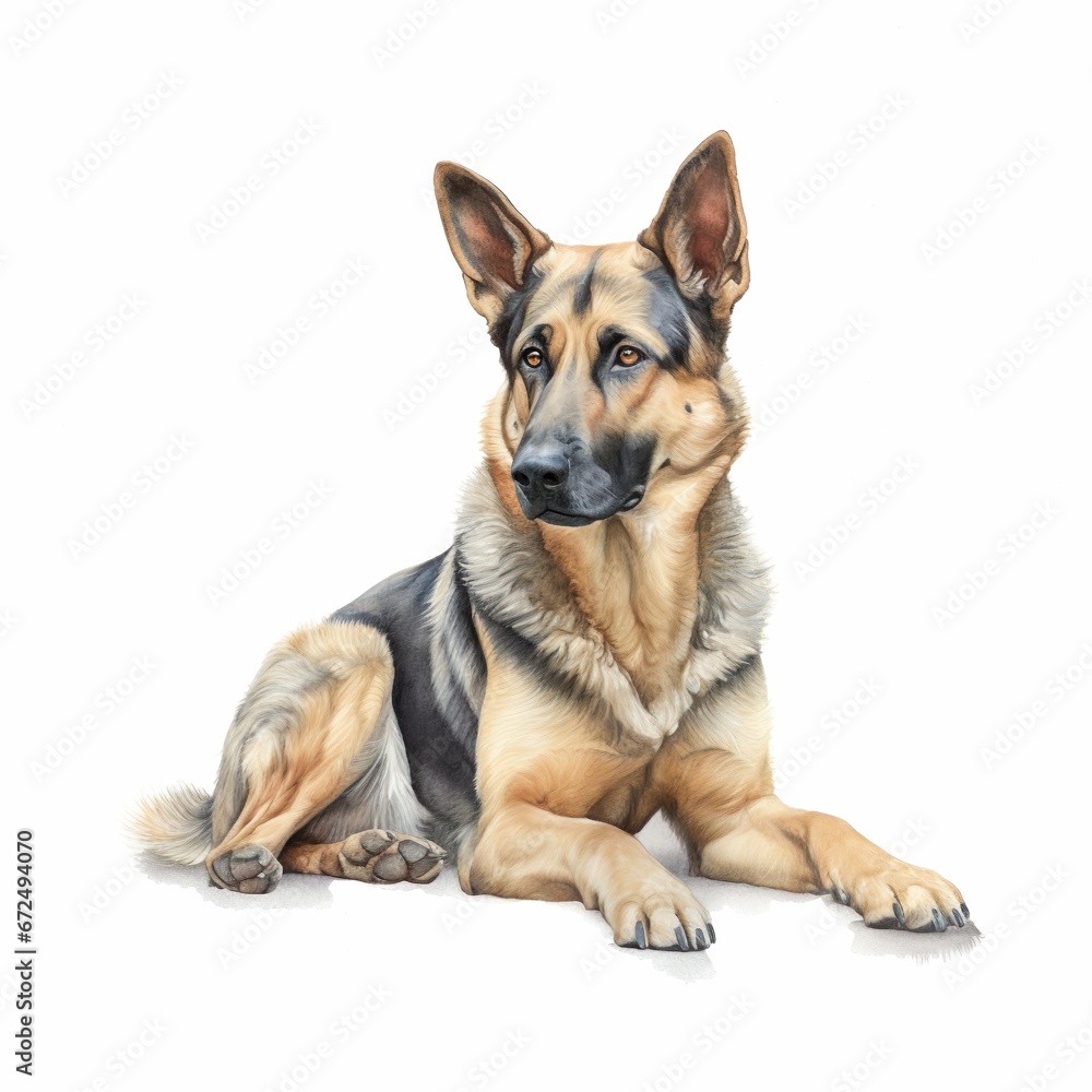 AI-generated illustration of a painting of a German Shepherd dog isolated on a white background.