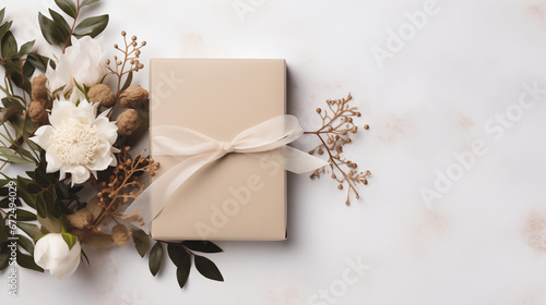 Holiday Christmas card background with elegant present box and flora decoration on a white background from Flat lay and top view.  photo