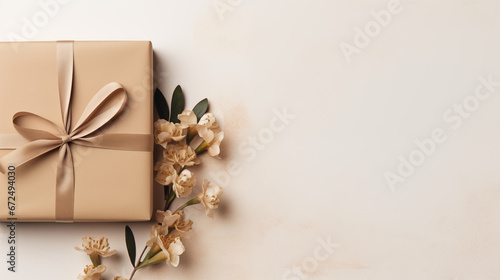 Holiday Christmas card background with elegant present box and flora decoration on a white background from Flat lay and top view.  © Kuo
