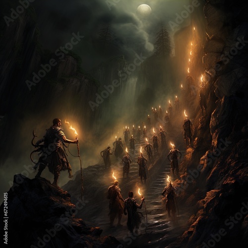 A line of tribesmen carrying torches climb up a hill. Great for stories of adventure, mystery, exploration, history, indigenous people and more. 