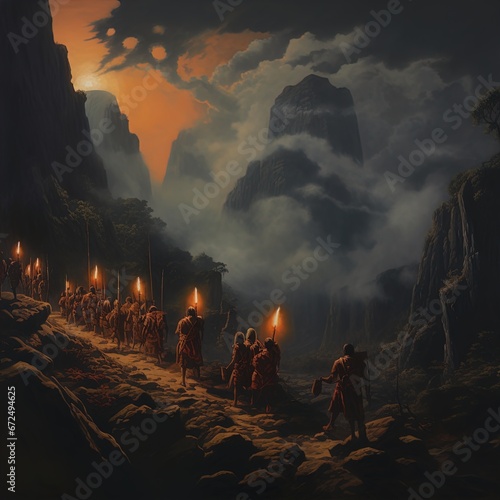 A line of tribesmen carrying torches climb up a hill. Great for stories of adventure, mystery, exploration, history, indigenous people and more.  photo